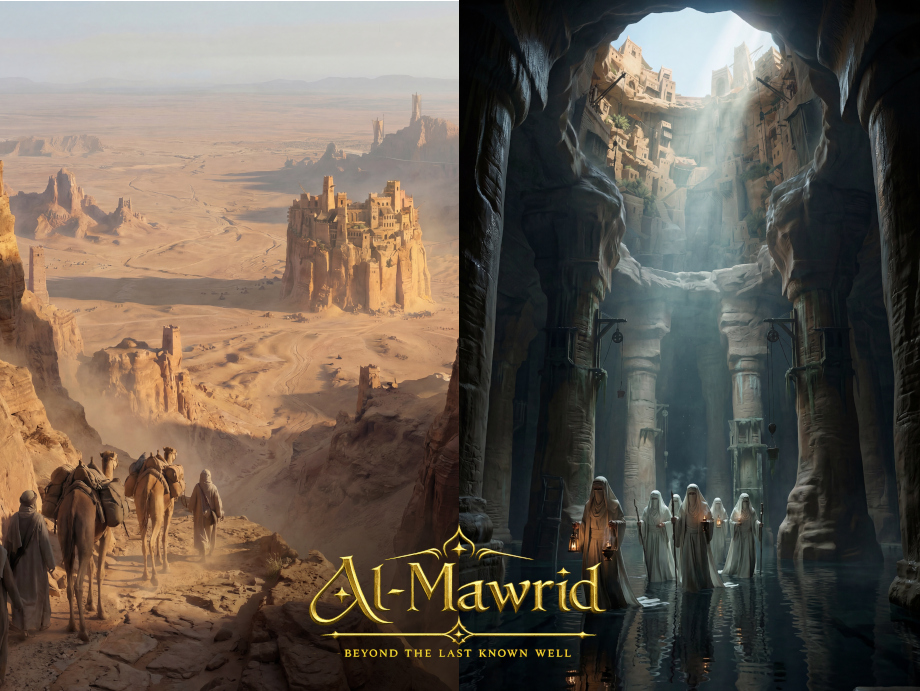 Al-Mawrid project header combining desert fortress imagery, sacred water architecture and title design for a personal cinematic worldbuilding project about survival beyond the last known well. Environment concept art and worldbuilding by Kenneth Bonde.