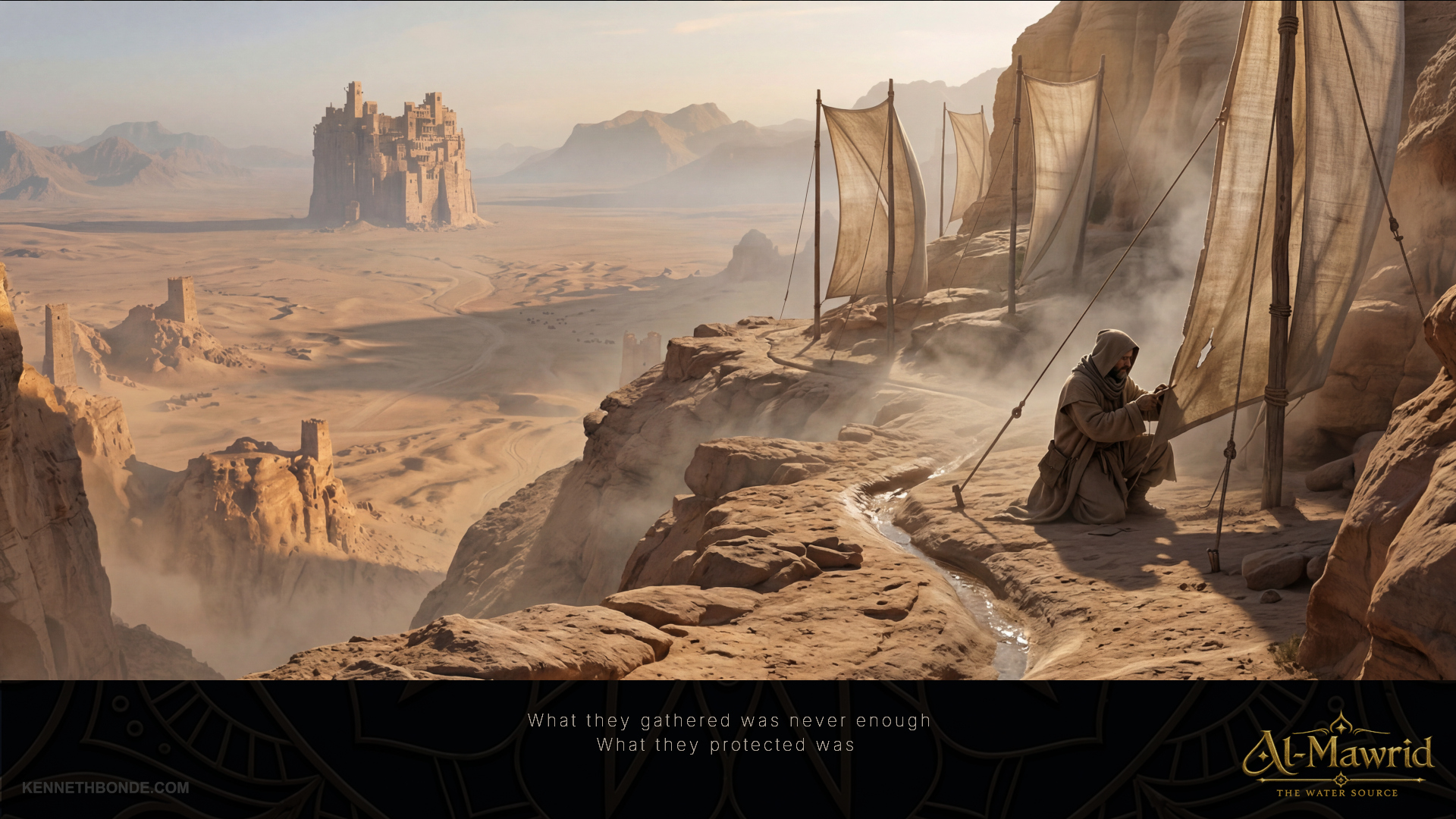 A camp and caravan viewpoint overlooking the distant Al-Mawrid fortress across a sunlit desert basin, showing travelers, fabric shelters, arid terrain and the promise of water beyond the last known well. Environment concept art and worldbuilding by Kenneth Bonde.