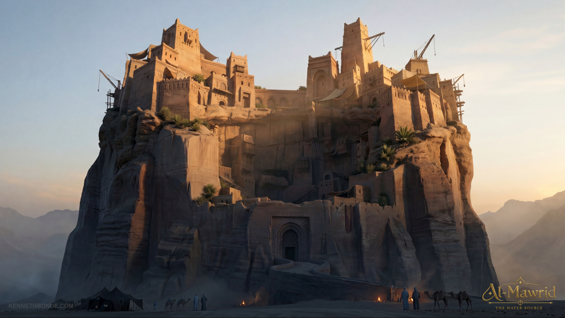 The Al-Mawrid fortress rising from a massive eroded rock formation, with sandstone buildings and defensive architecture integrated into the cliff to create a believable desert settlement shaped by survival. Environment concept art and worldbuilding by Kenneth Bonde.