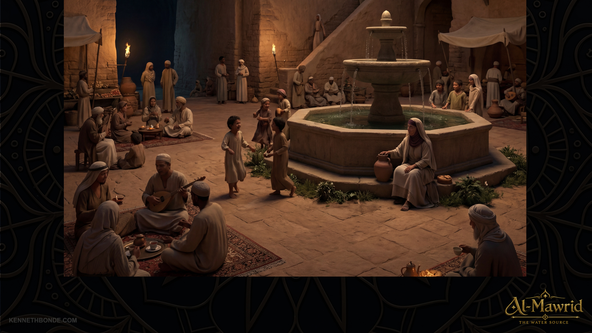 Underground cistern chamber in Al-Mawrid with people gathered around water, warm lantern light and stone architecture, showing the sacred importance of water beneath the desert fortress. Environment concept art and worldbuilding by Kenneth Bonde.