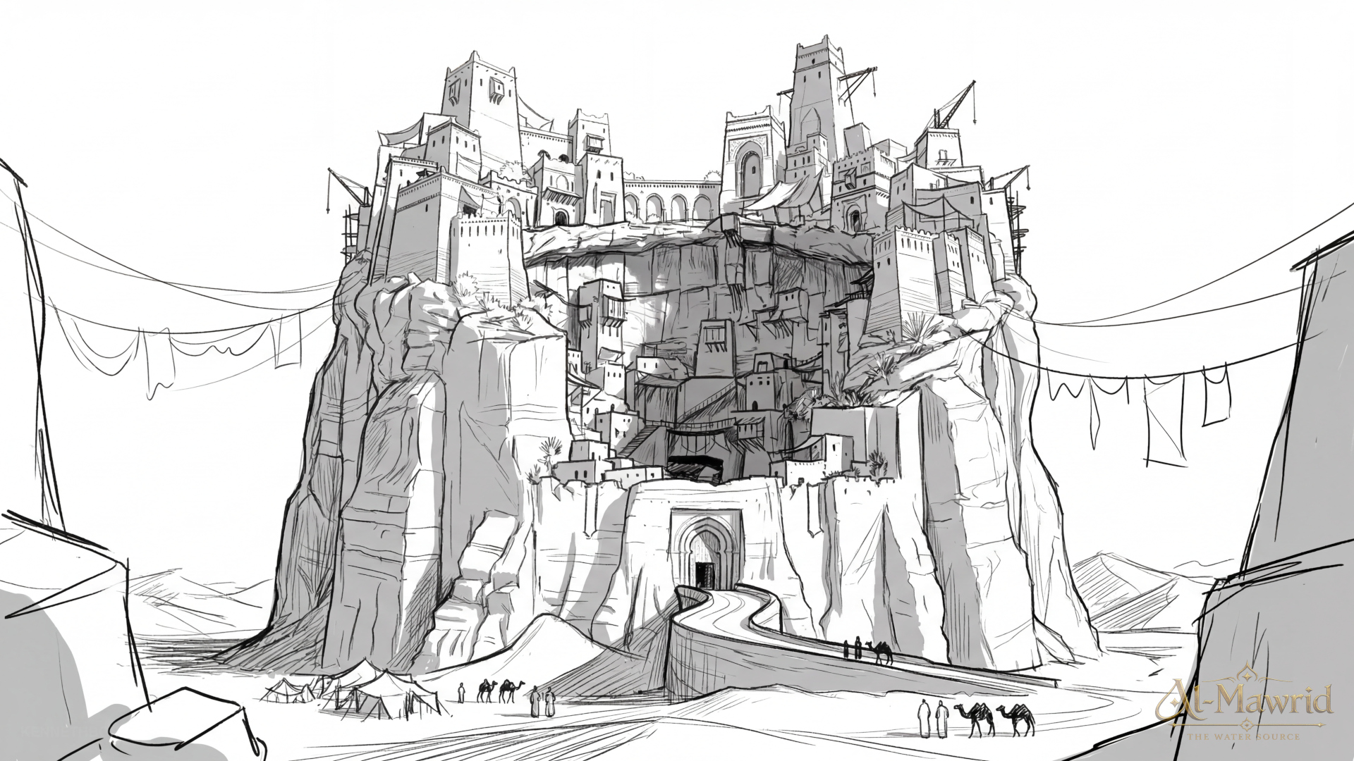 Line drawing of the Al-Mawrid fortress built into a natural rock formation, exploring silhouette, scale, scaffolding, bridges and architectural integration between settlement and eroded desert geology. Environment concept art and worldbuilding by Kenneth Bonde.
