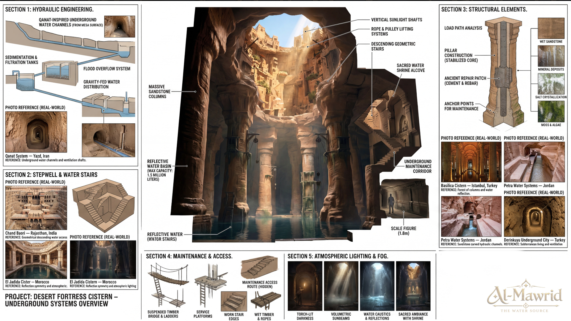Research board for Al-Mawrid focused on interiors, cisterns, stone chambers, fabrics, lighting and architectural atmosphere, supporting the design of sacred water spaces beneath the desert fortress. Environment concept art and worldbuilding by Kenneth Bonde.