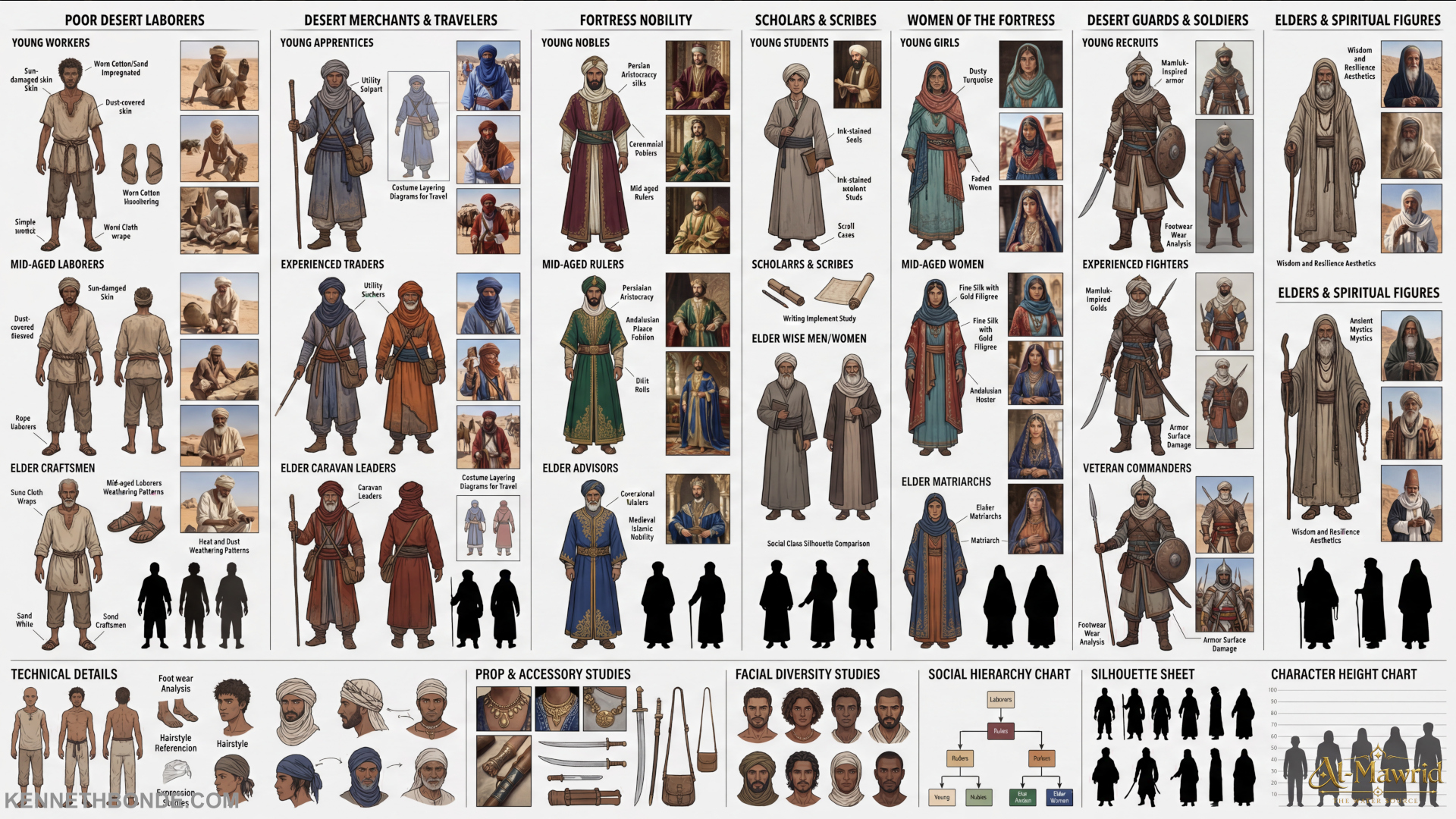 Character and costume reference board for Al-Mawrid, exploring clothing silhouettes, fabrics, armor, priests, travelers and cultural variation for a believable desert civilization. Environment concept art and worldbuilding by Kenneth Bonde.