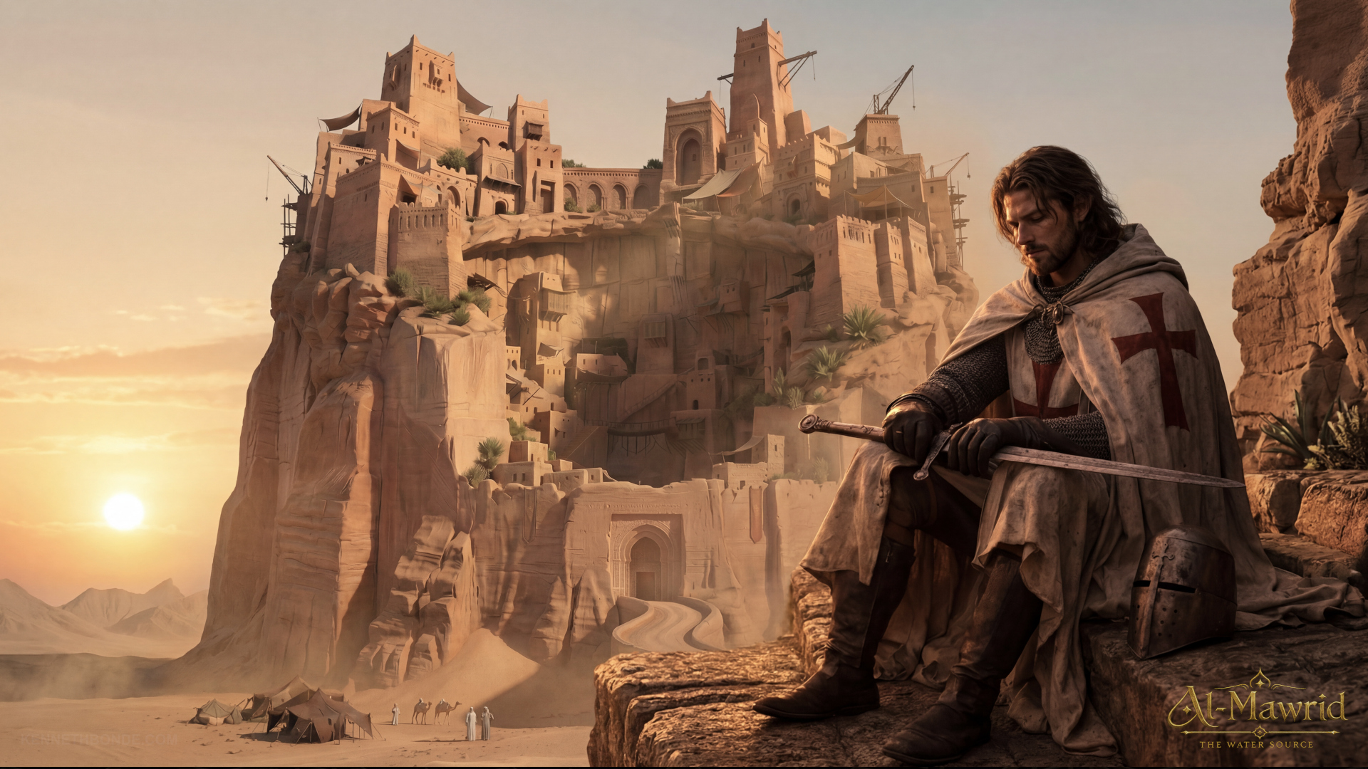 A seated figure overlooking the Al-Mawrid fortress at sunset, with birds, sandstone architecture and desert light creating a reflective cinematic moment of power, solitude and worldbuilding scale. Environment concept art and worldbuilding by Kenneth Bonde.