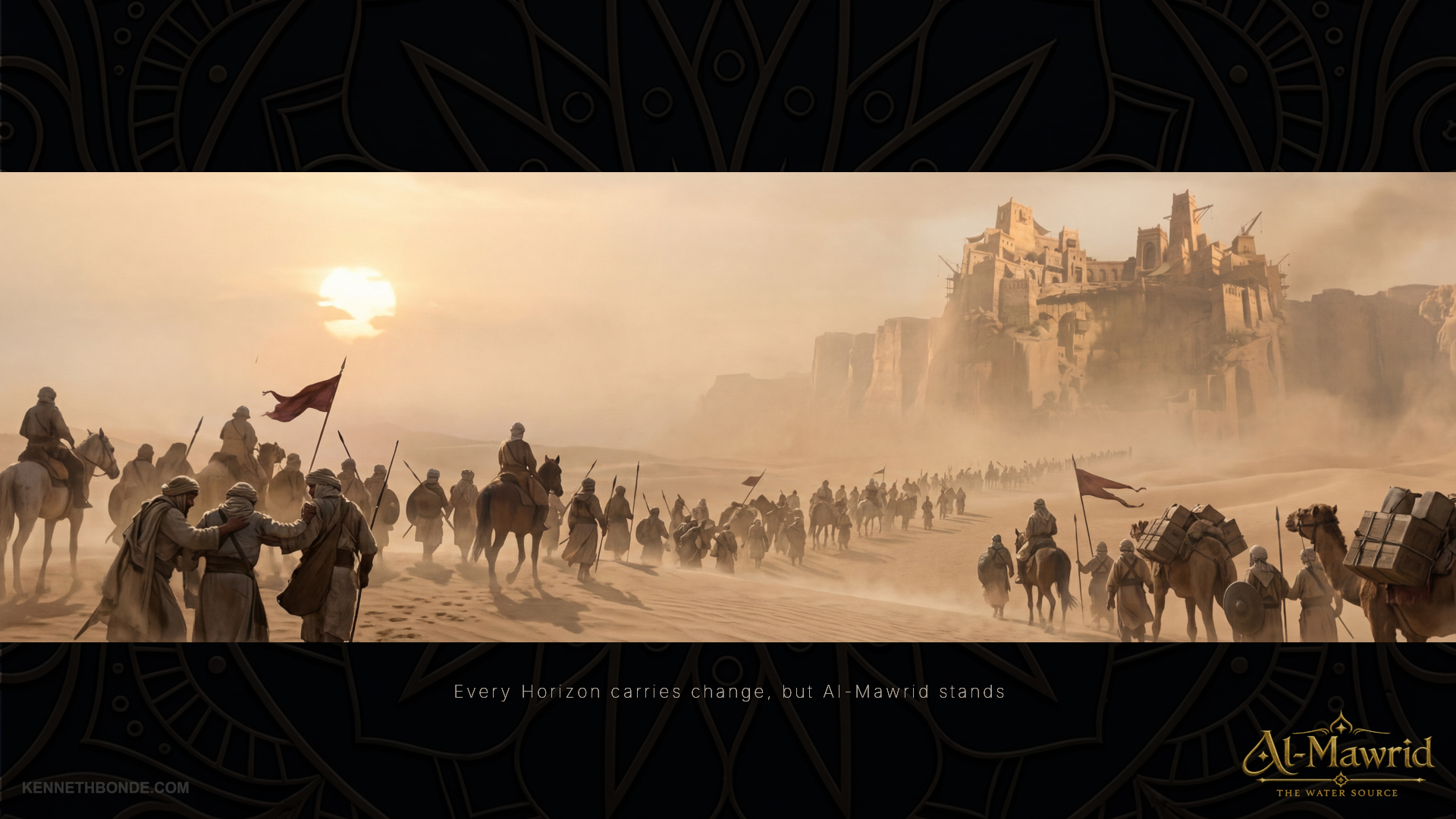 A mounted force approaches Al-Mawrid across the desert at sunset, with riders, dust, birds and the distant fortress creating scale, threat, movement and story potential beyond the settlement. Environment concept art and worldbuilding by Kenneth Bonde.