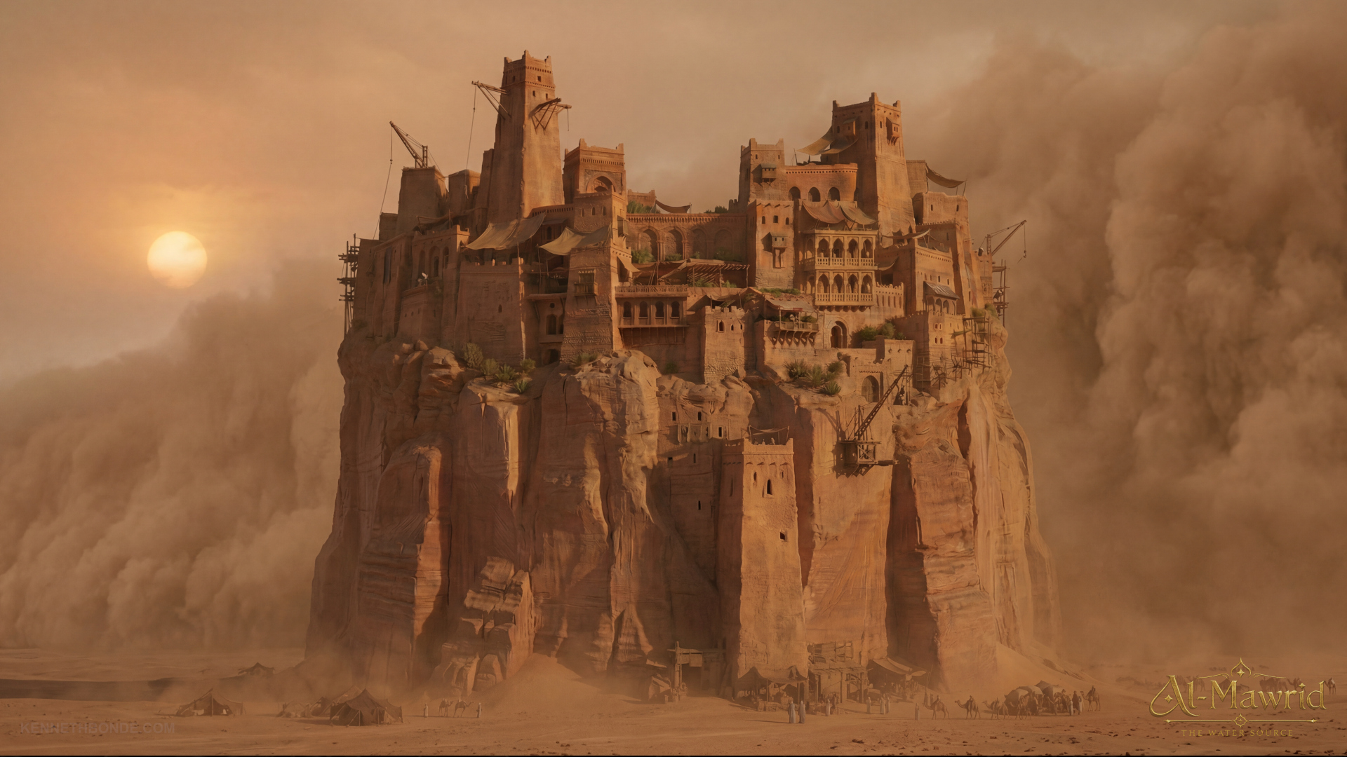 The Al-Mawrid fortress emerging through a dust storm, with sandstone towers, heavy atmosphere and desert haze suggesting uncertainty, isolation, survival and the fragility of civilization in a harsh world. Environment concept art and worldbuilding by Kenneth Bonde.