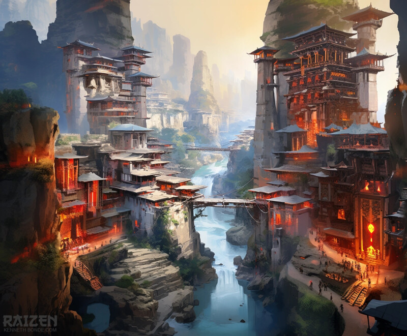Cinematic gorge city visual development by Kenneth Bonde.