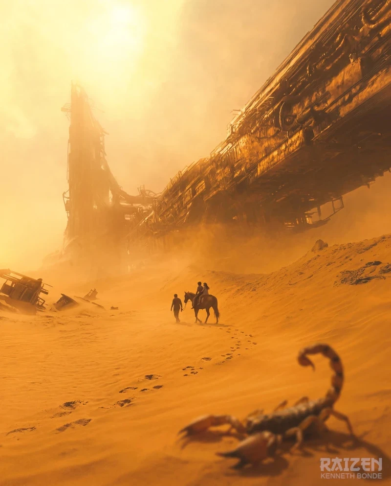 A family crosses a sunlit desert landscape with distant monumental forms and warm haze, creating a cinematic travel image about endurance, distance, atmosphere and story beyond the frame. Environment concept art and worldbuilding by Kenneth Bonde.