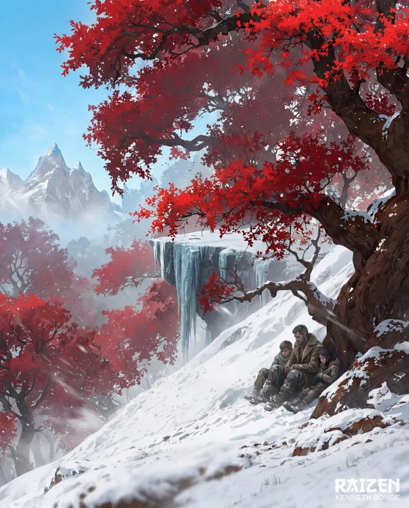 A family moves through a snowy red forest near a waterfall and mountain slope, combining wonder, danger, color contrast and emotional visual storytelling within a larger journey across impossible landscapes. Environment concept art and worldbuilding by Kenneth Bonde.