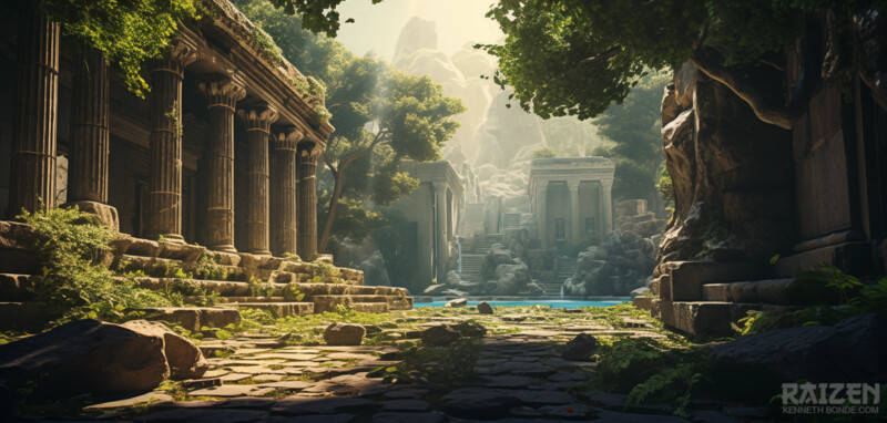 Ancient temple ruins hidden deep in a lush jungle valley, where moss-covered stone, broken columns and soft cinematic light create an atmosphere of exploration, visual development and environmental storytelling. Environment concept art and worldbuilding by Kenneth Bonde.