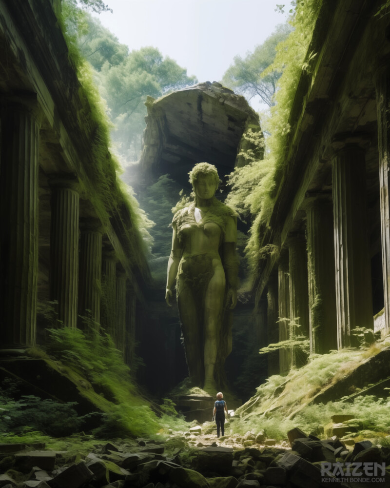 A narrow jungle temple passage framed by dark stone walls, green vegetation and a monumental statue form in the distance, creating a mysterious cinematic environment with ancient worldbuilding detail. Environment concept art and worldbuilding by Kenneth Bonde.