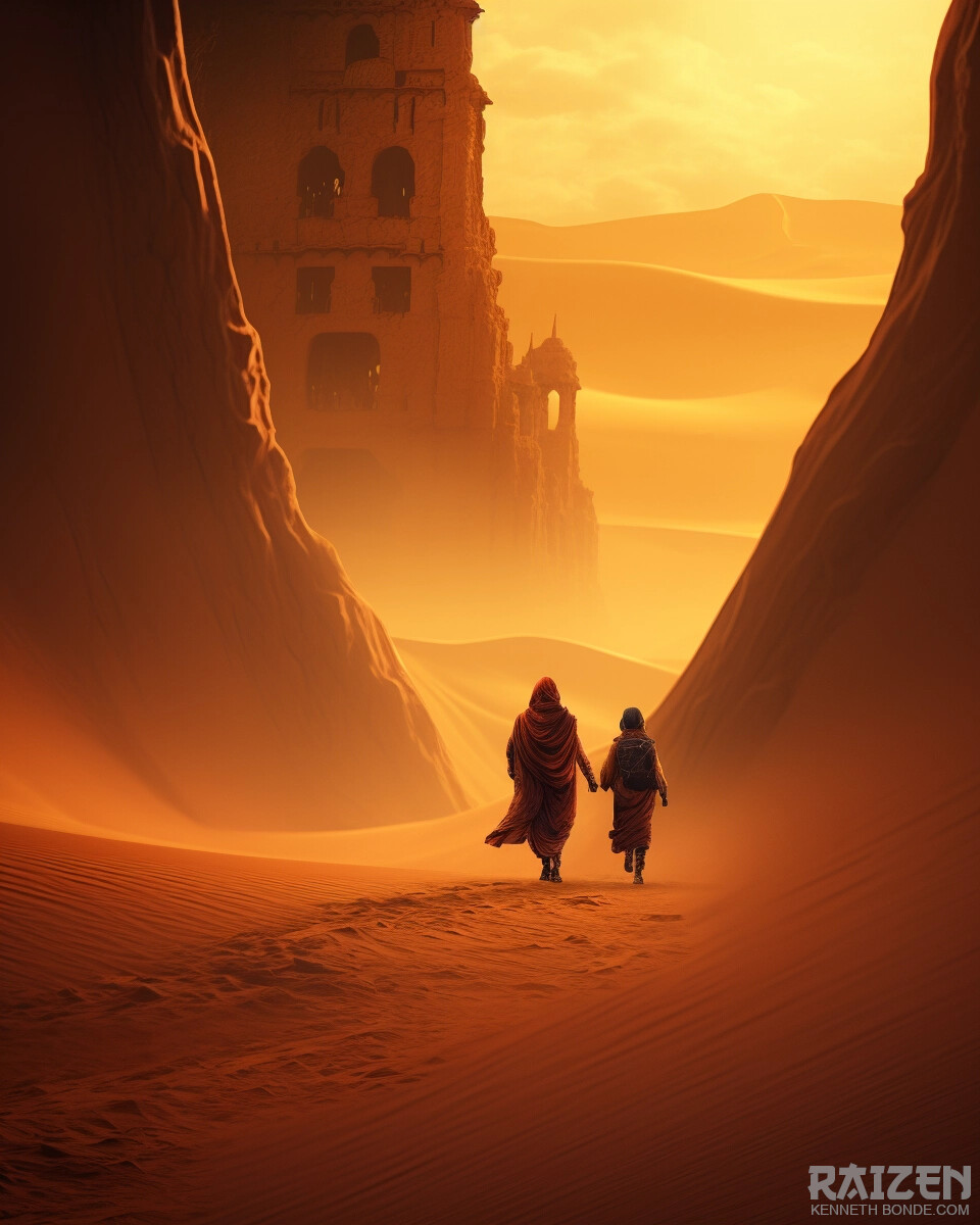 Travelers walk through a narrow desert gateway of eroded stone, framed by warm atmospheric light and vertical cliffs, suggesting pilgrimage, danger, discovery and cinematic fantasy landscape design. Environment concept art and worldbuilding by Kenneth Bonde.
