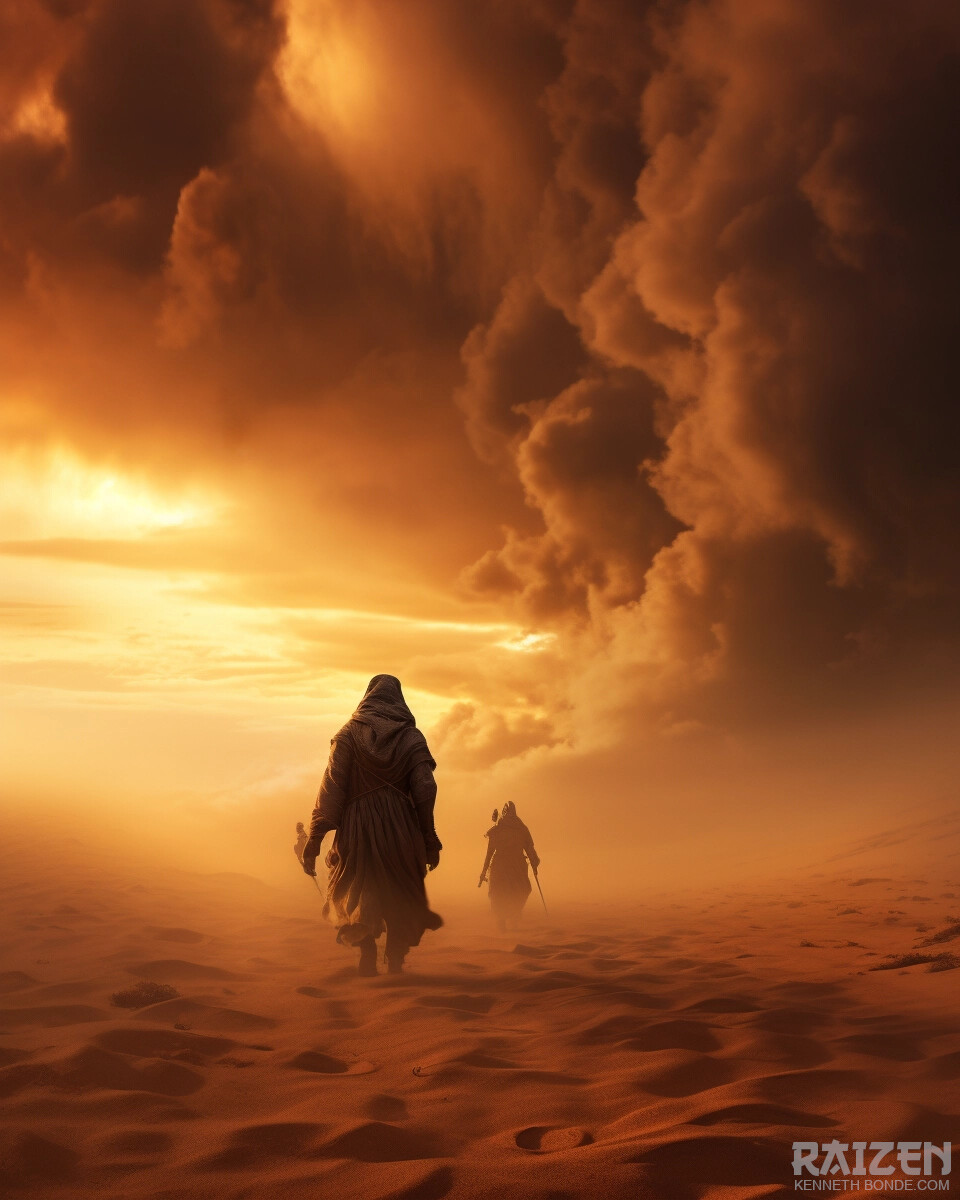 A lone figure walks beneath a towering desert storm cloud and burning horizon, creating a dramatic cinematic image about exposure, resilience, weather, silence and survival in a vast arid world. Environment concept art and worldbuilding by Kenneth Bonde.